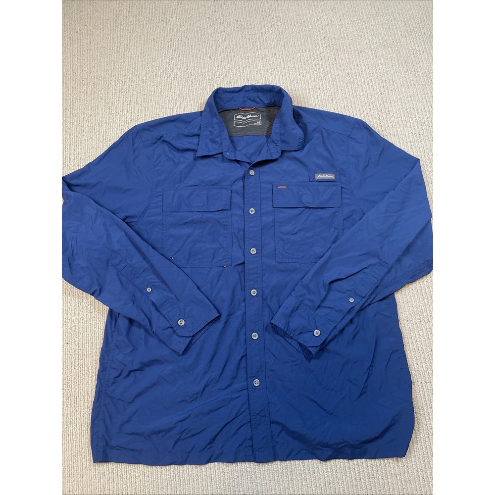 Eddie Bauer Men's Large Woven Tech Button Down Shirt  Fishing Blue